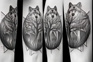 Make a tattoo realistic style of a hour glass with a growing tree around it on the lower part of the house glass is three wolves one farther and two pups tattoo idea
