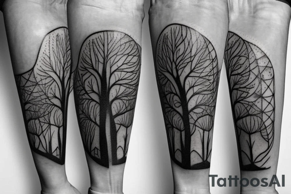Make a tattoo realistic style of a hour glass with a growing tree around it on the lower part of the house glass is three wolves one farther and two pups tattoo idea