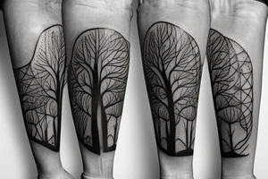Make a tattoo realistic style of a hour glass with a growing tree around it on the lower part of the house glass is three wolves one farther and two pups tattoo idea
