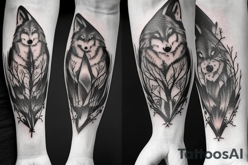 Make a tattoo realistic style of a hour glass with a growing tree around it on the lower part of the house glass is three wolves one farther and two pups tattoo idea