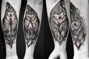 Make a tattoo realistic style of a hour glass with a growing tree around it on the lower part of the house glass is three wolves one farther and two pups tattoo idea