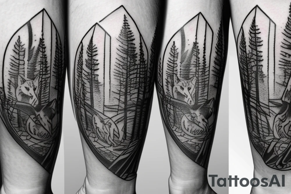 Make a tattoo realistic style of a hour glass with a growing tree around it on the lower part of the house glass is three wolves one farther and two pups tattoo idea