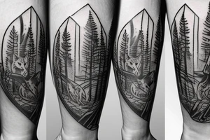 Make a tattoo realistic style of a hour glass with a growing tree around it on the lower part of the house glass is three wolves one farther and two pups tattoo idea