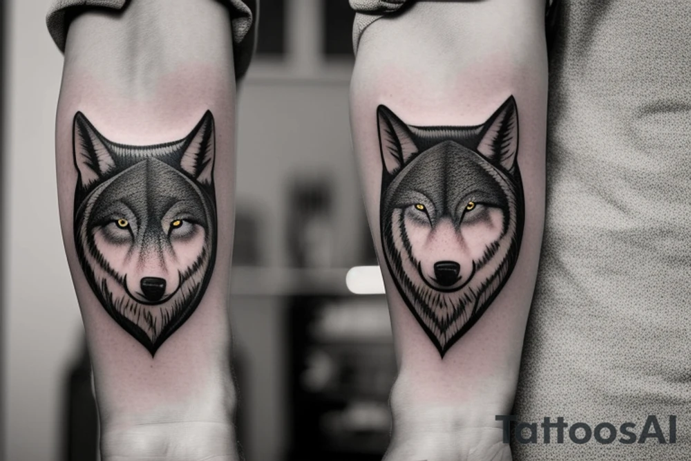 Make a tattoo realistic style of a hour glass with a growing tree around it on the lower part of the house glass is three wolves one farther and two pups tattoo idea