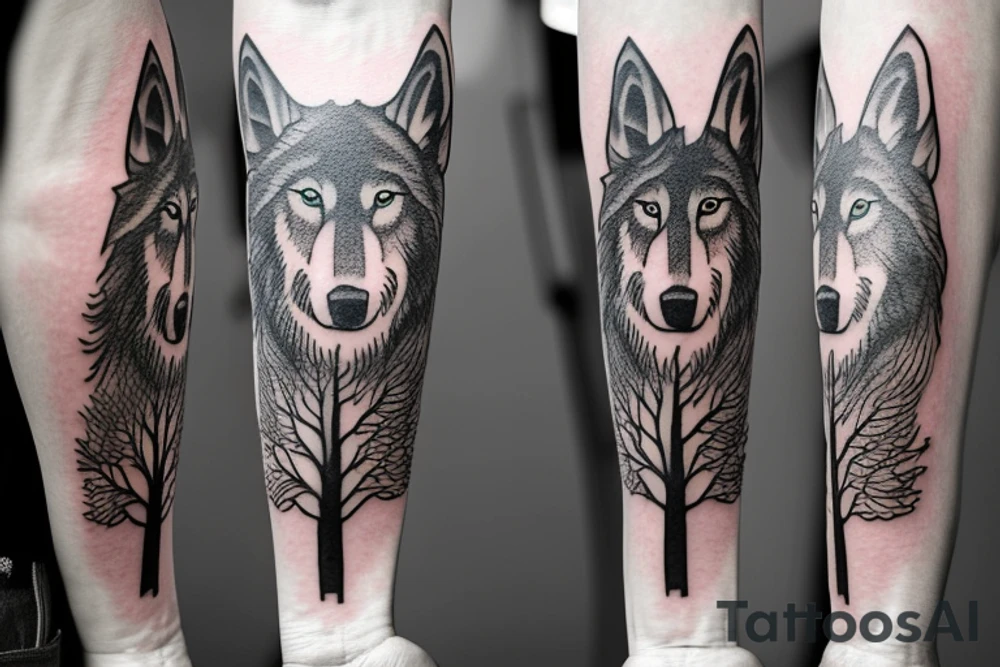 Make a tattoo realistic style of a hour glass with a growing tree around it on the lower part of the house glass is three wolves one farther and two pups tattoo idea