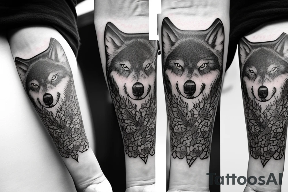 Make a tattoo realistic style of a hour glass with a growing tree around it on the lower part of the house glass is three wolves one farther and two pups tattoo idea