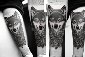 Make a tattoo realistic style of a hour glass with a growing tree around it on the lower part of the house glass is three wolves one farther and two pups tattoo idea