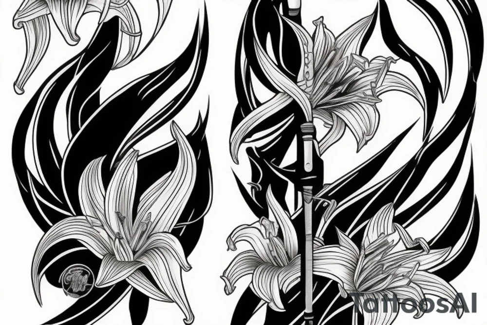 Half sheathed wakizashi with western lilies on the background tattoo idea