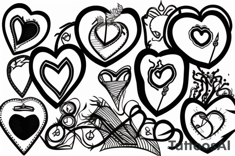 a heart broken into three pieces being sewn together by a needle and thread tattoo idea