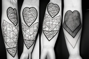 a heart broken into three pieces being sewn together by a needle and thread tattoo idea