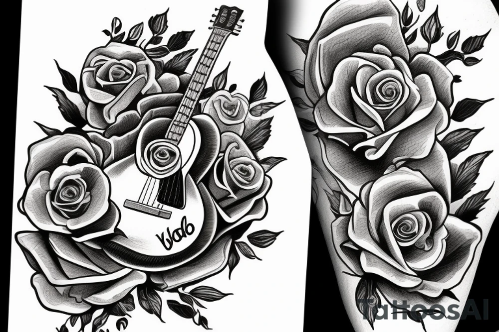 Rose guitar with the name Yolanda and Adolfo tattoo idea