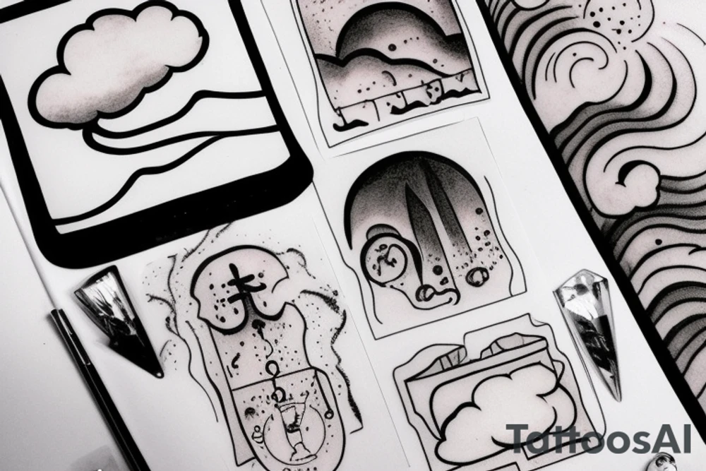 i want to see a balance on the left side there is sand which is dripping and on the right we see a cloud. tattoo idea