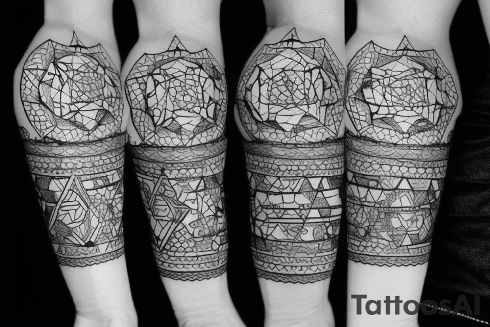 A mix of blackwork, geometric, trash polka and obstruction tattoo idea