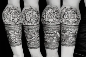 A mix of blackwork, geometric, trash polka and obstruction tattoo idea