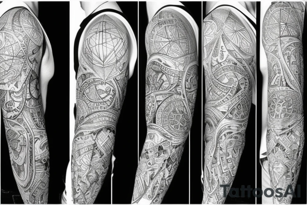 Design tattoo sleeve in following styles black work, geometry, trash polka tattoo idea