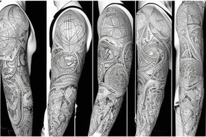 Design tattoo sleeve in following styles black work, geometry, trash polka tattoo idea