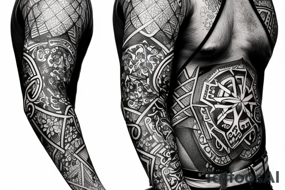 Design tattoo sleeve in following styles black work, geometry, trash polka tattoo idea