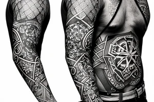 Design tattoo sleeve in following styles black work, geometry, trash polka tattoo idea