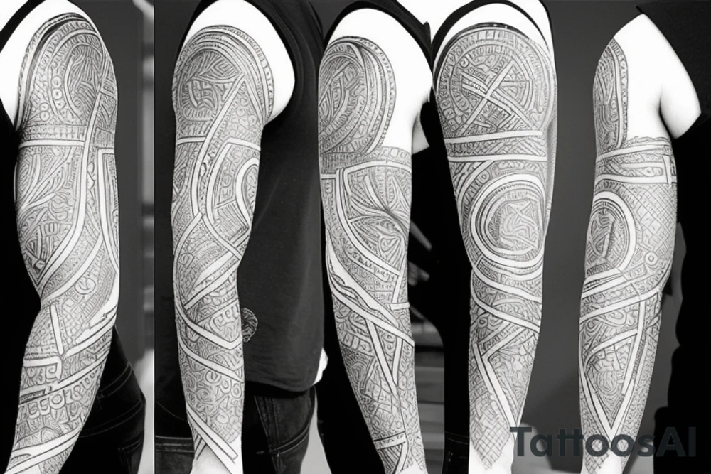 Design tattoo sleeve in following styles black work, geometry, trash polka tattoo idea