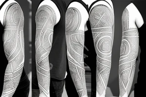 Design tattoo sleeve in following styles black work, geometry, trash polka tattoo idea