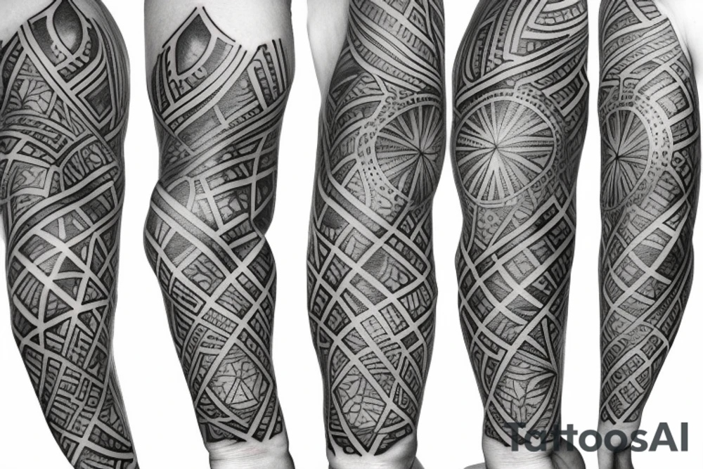 Design tattoo sleeve in following styles black work, geometry, trash polka tattoo idea