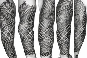 Design tattoo sleeve in following styles black work, geometry, trash polka tattoo idea