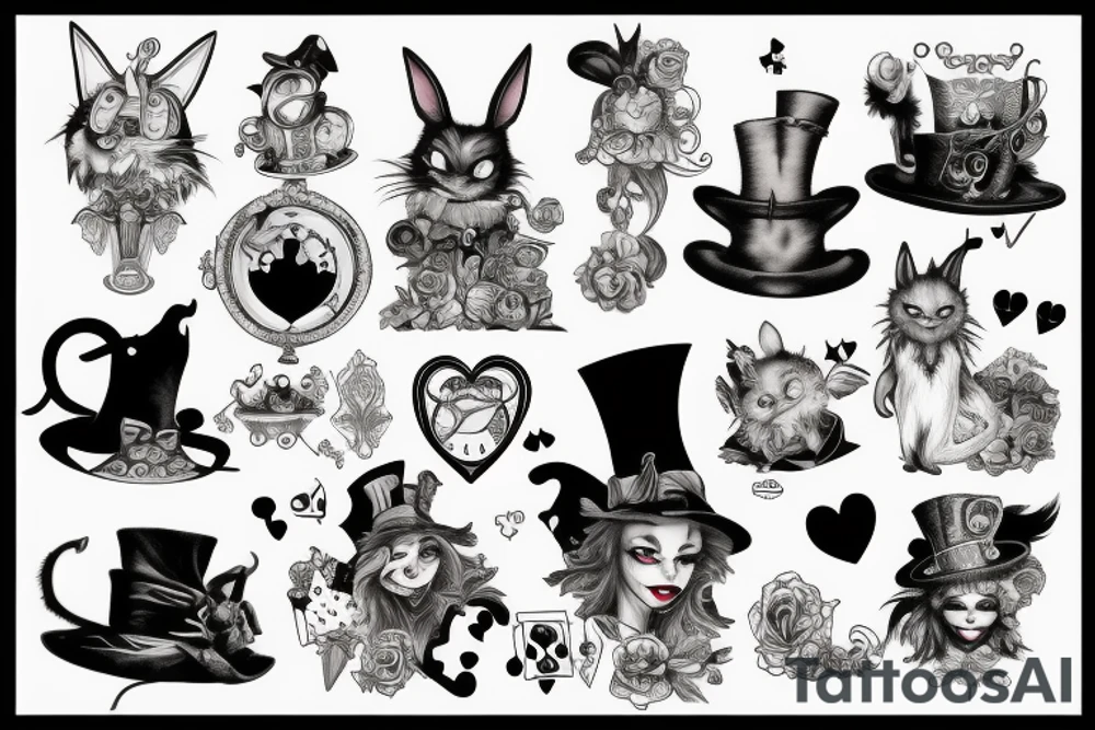 gothich style Alice in wonderland with the mad hatter and cheshire cat tattoo idea