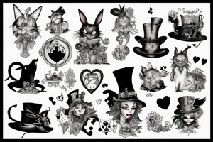 gothich style Alice in wonderland with the mad hatter and cheshire cat tattoo idea