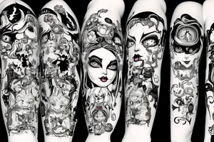gothich style Alice in wonderland with the mad hatter and cheshire cat tattoo idea