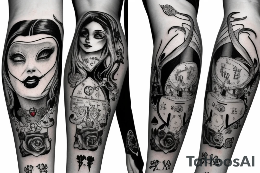 gothic style Alice in wonderland themed arm sleeve tattoo idea