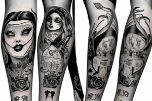 gothic style Alice in wonderland themed arm sleeve tattoo idea