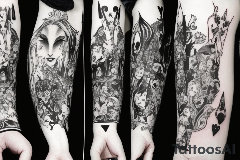 gothic style Alice in wonderland themed arm sleeve tattoo idea