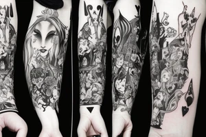 gothic style Alice in wonderland themed arm sleeve tattoo idea