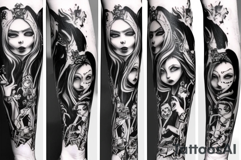 gothic style Alice in wonderland themed arm sleeve tattoo idea