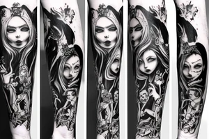 gothic style Alice in wonderland themed arm sleeve tattoo idea