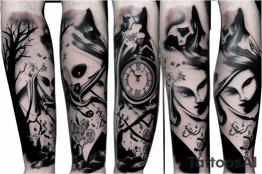 gothic style Alice in wonderland themed arm sleeve tattoo idea