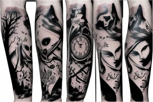 gothic style Alice in wonderland themed arm sleeve tattoo idea