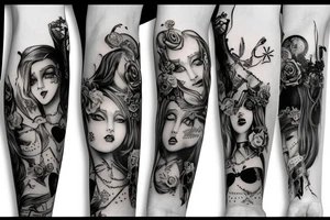 gothic style kinky Alice in wonderland themed arm sleeve tattoo idea