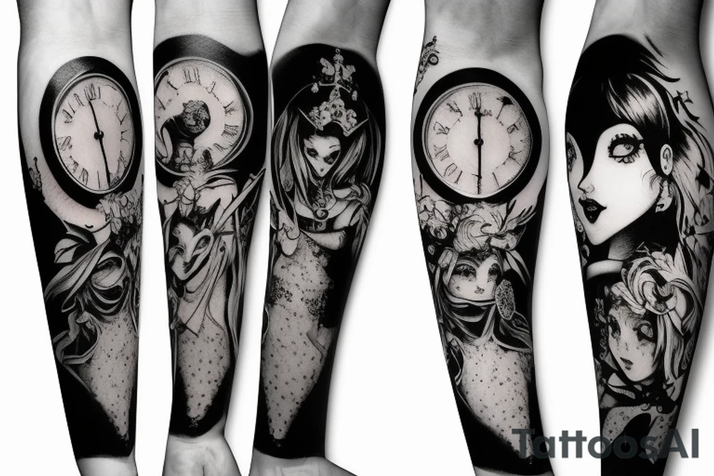 gothic style kinky Alice in wonderland themed arm sleeve tattoo idea