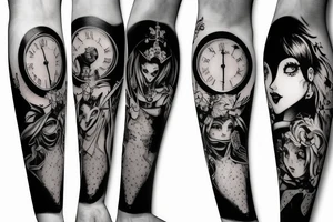 gothic style kinky Alice in wonderland themed arm sleeve tattoo idea