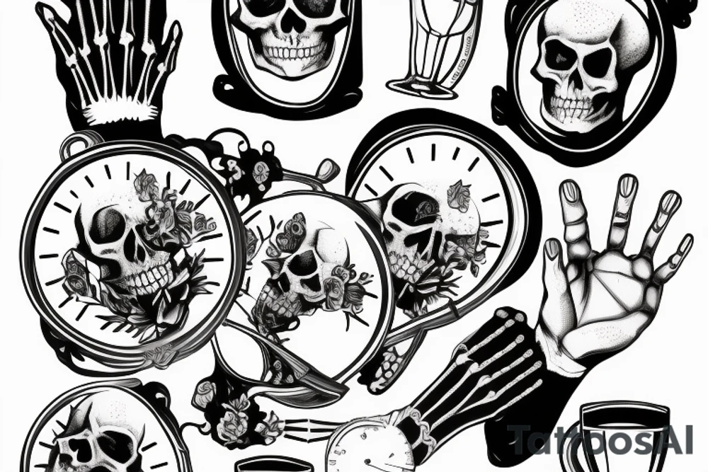 One live hand and one skeleton hand clinking glasses behind an emptying hour glass tattoo idea