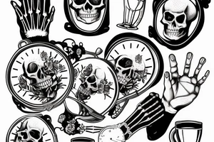 One live hand and one skeleton hand clinking glasses behind an emptying hour glass tattoo idea