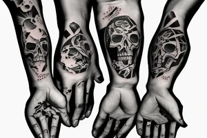 One live hand and one skeleton hand clinking glasses behind an emptying hour glass tattoo idea