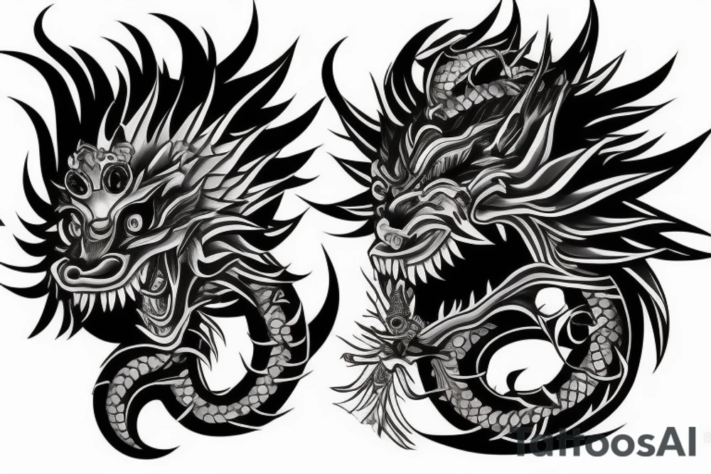 black and grey half face monkey king half face dragon meged tattoo idea