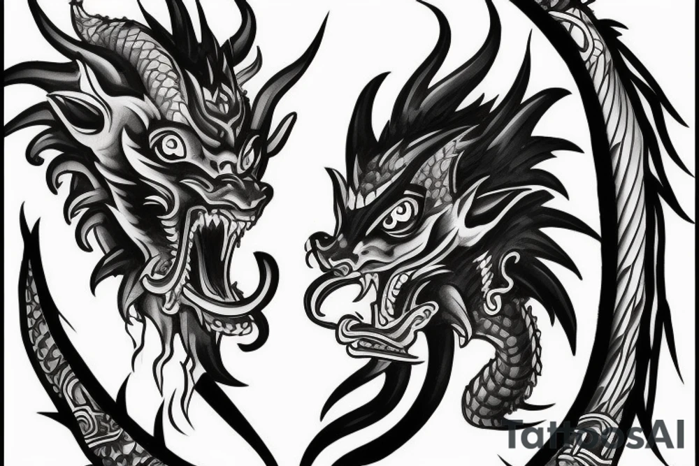 black and grey half face monkey king half face dragon meged tattoo idea