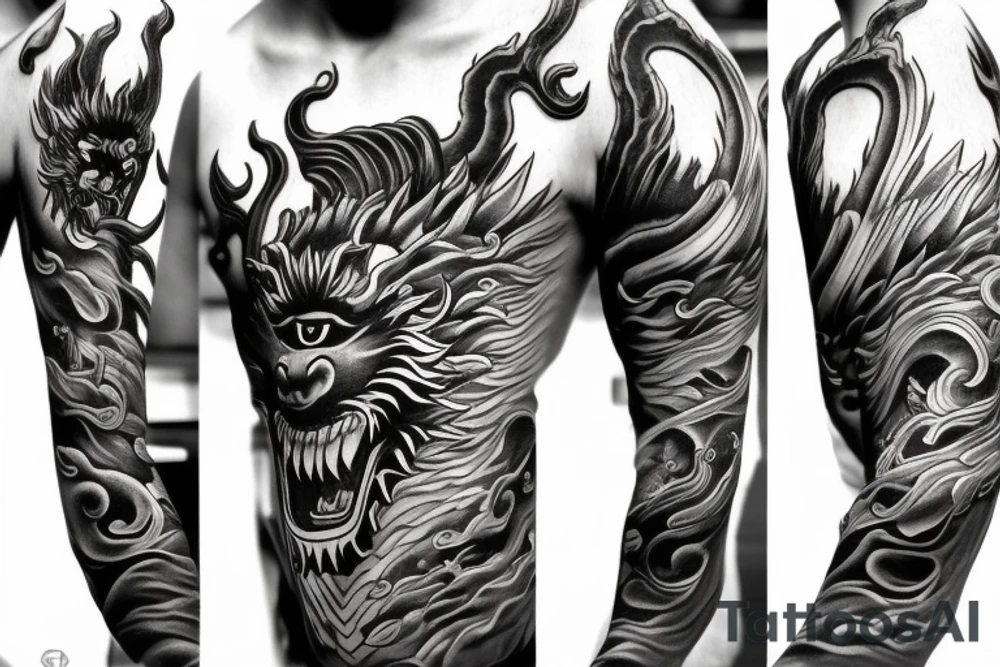 black and grey half face monkey king half face dragon merged tattoo idea
