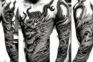 black and grey half face monkey king half face dragon merged tattoo idea