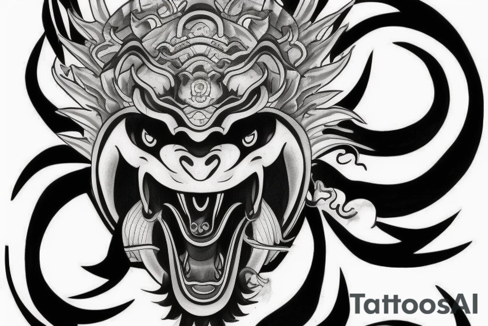 black and grey half face monkey king half face dragon merged tattoo idea