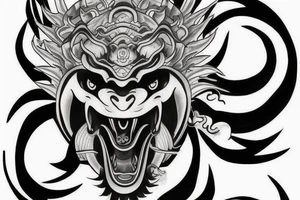 black and grey half face monkey king half face dragon merged tattoo idea