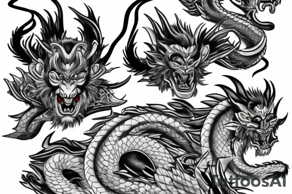 black and grey left face monkey king right face dragon merged tattoo idea